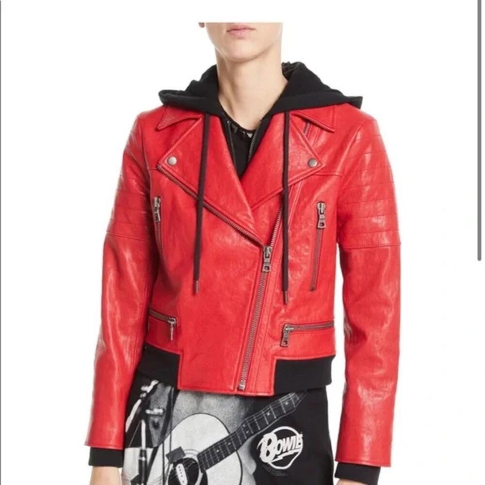 Alice + Olivia Avril Red Leather Jacket Small Cropped Hooded Moto Zip
